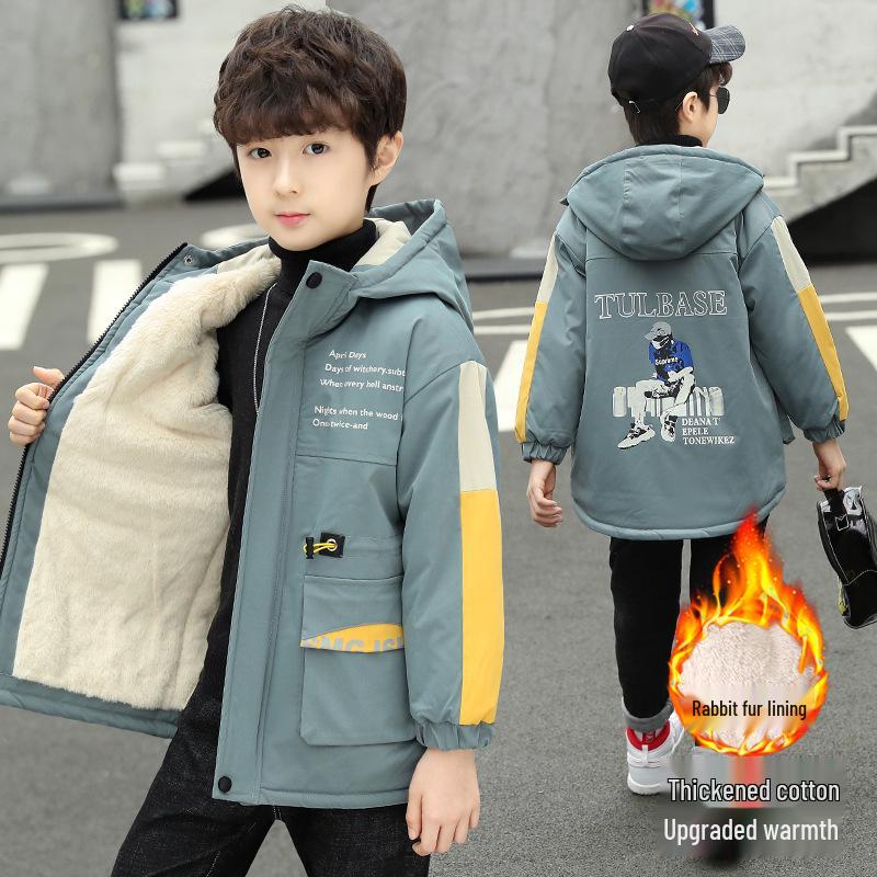 Boy's Plus Velvet Parka - New 2025 Autumn/Winter Cotton Jacket, Medium/Large Sizes, Thickened Windbreaker