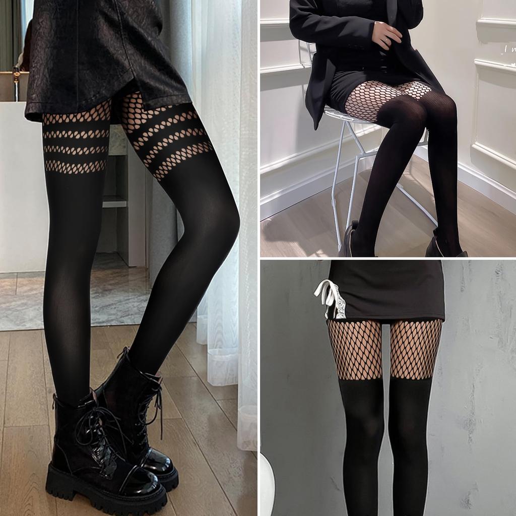 Kave Sexy Womens Faux Thigh High Fishnet Stockings Stitching Opaque Pantyhose Mock Over The Knee Goth Striped Suspender Tights