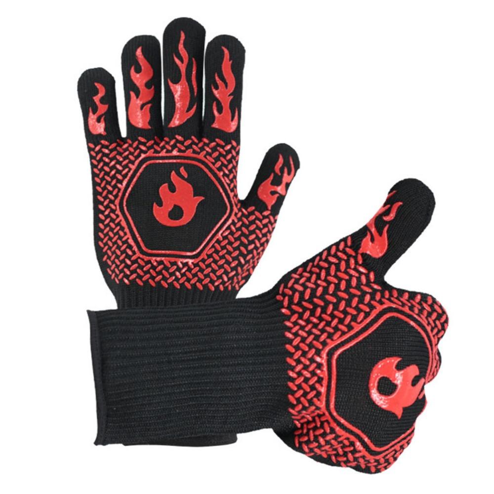 Hitzebeständige und hitzebeständige Grillhandschuhe mit fünf Fingern, wärmeisolierend, mikrowellengeeignet, mit Silikonbeschichtung.