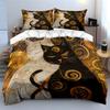 Golden Artistic Cat Decor Set Bedding Set with 1 Duvet Cover 2 Pillowcases Single Double King Queen, Gift