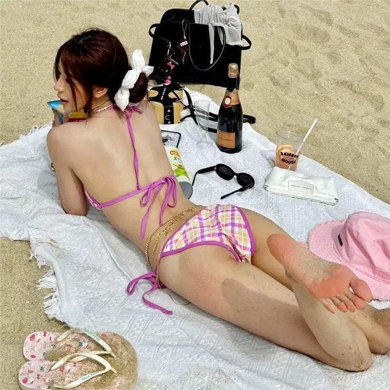 Swimsuit Female Sexy Plaid Bikini Split Triangle Pure Desire Wind Sweet Cute Small Chest Strap Vacation Soaking In Hot Springs