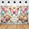 Frühlings-Blumen-Ballon-Schmetterlings-Dekor Happy Birthday Fotografie-Hintergrund Babyparty Kindergeburtstagsparty Individuelle Namens-Hintergrundwand