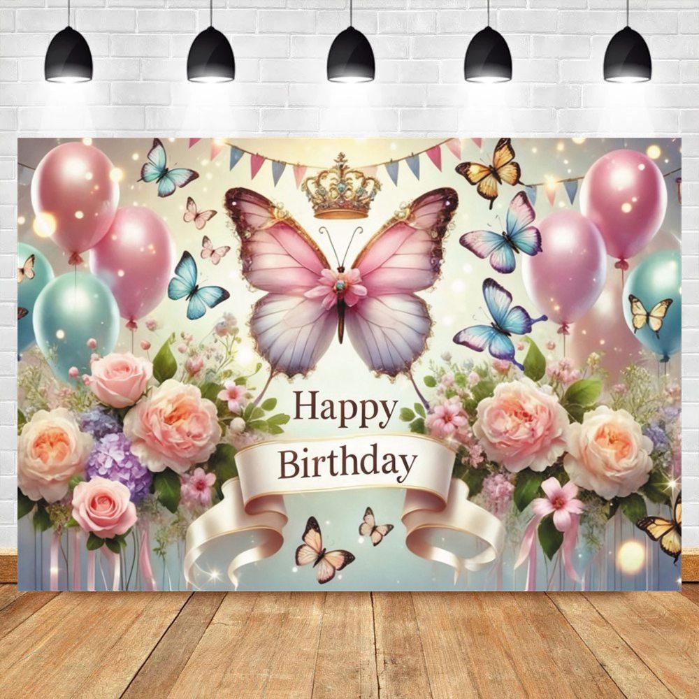 Frühlings-Blumen-Ballon-Schmetterlings-Dekor Happy Birthday Fotografie-Hintergrund Babyparty Kindergeburtstagsparty Individuelle Namens-Hintergrundwand