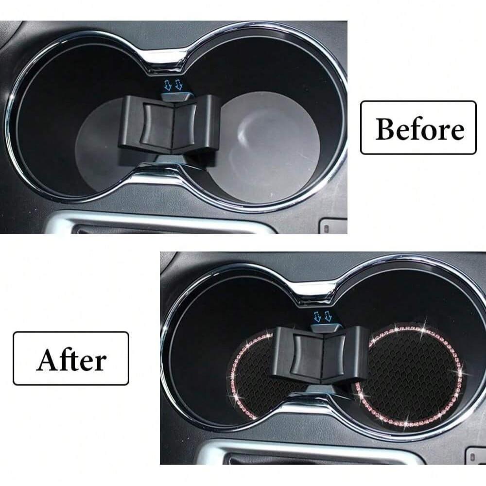 2Pcs Sparkly Rhinestone Car Cup Coasters, Universal Anti-Slip PVC Mat Car Cup Holder, Bling Interior Decoration Accessory