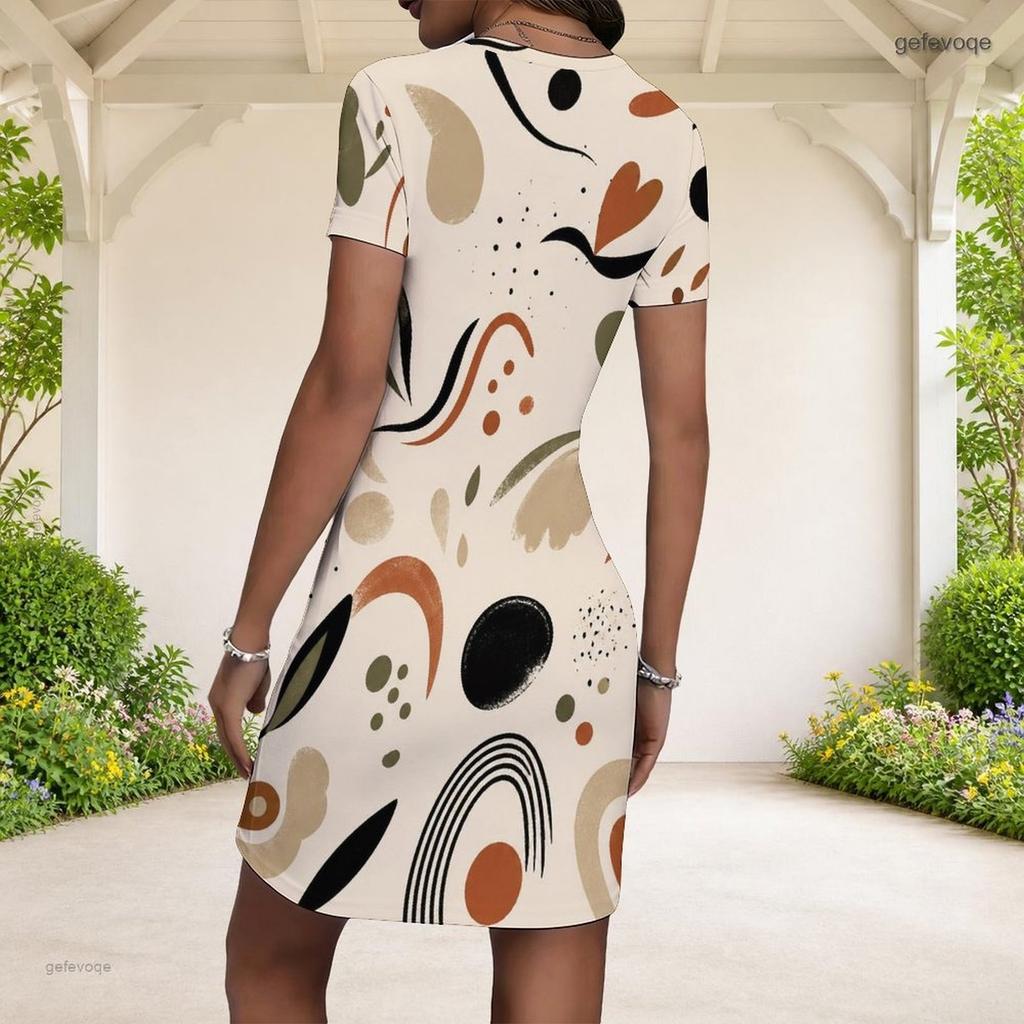 Women Plus Size Round Neck Short Sleeve Abstract Geometric Printed Fitted Mini Dress