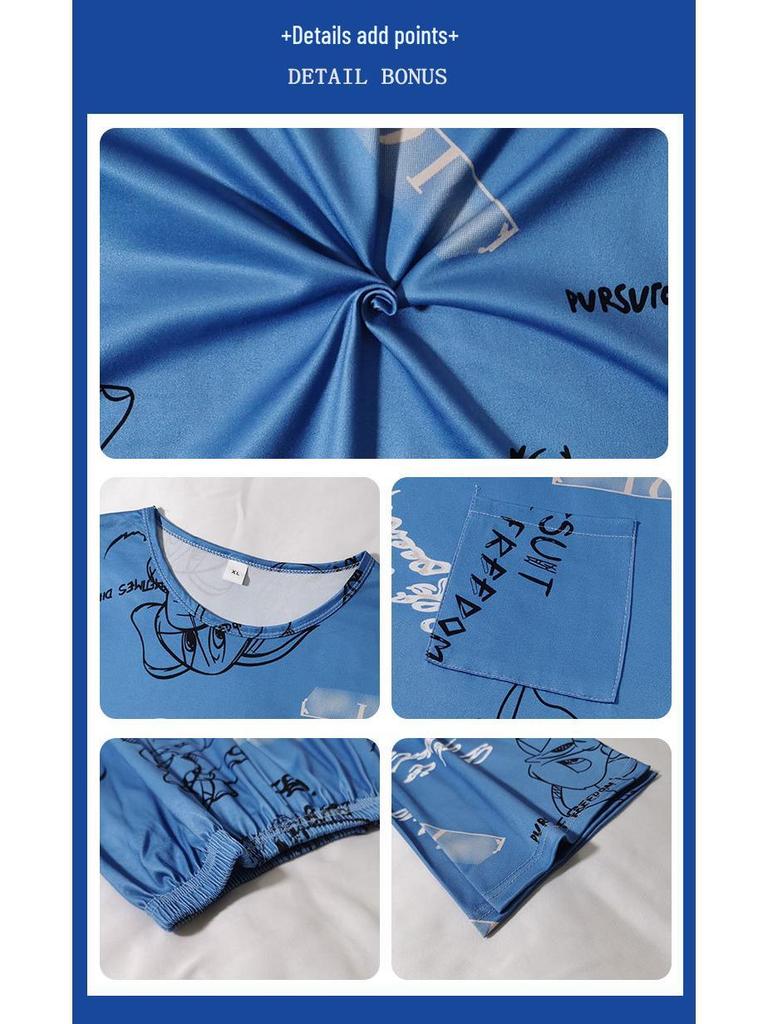 High-End Trendy Men's Long-Sleeve Cotton-Style Casual Pajamas, Youth Large, Loose & Comfortable Home Wear