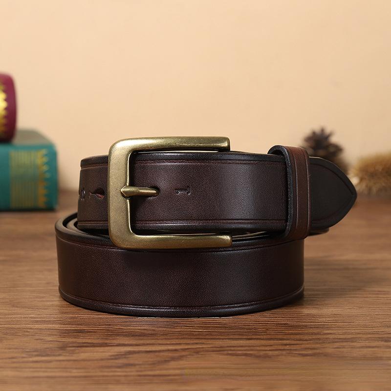Belt Men's Retro Hand-Rub Color Distressed Pure Cowhide Leather Pin Buckle Fashion Trendy Korean Style Brass Buckle Belt