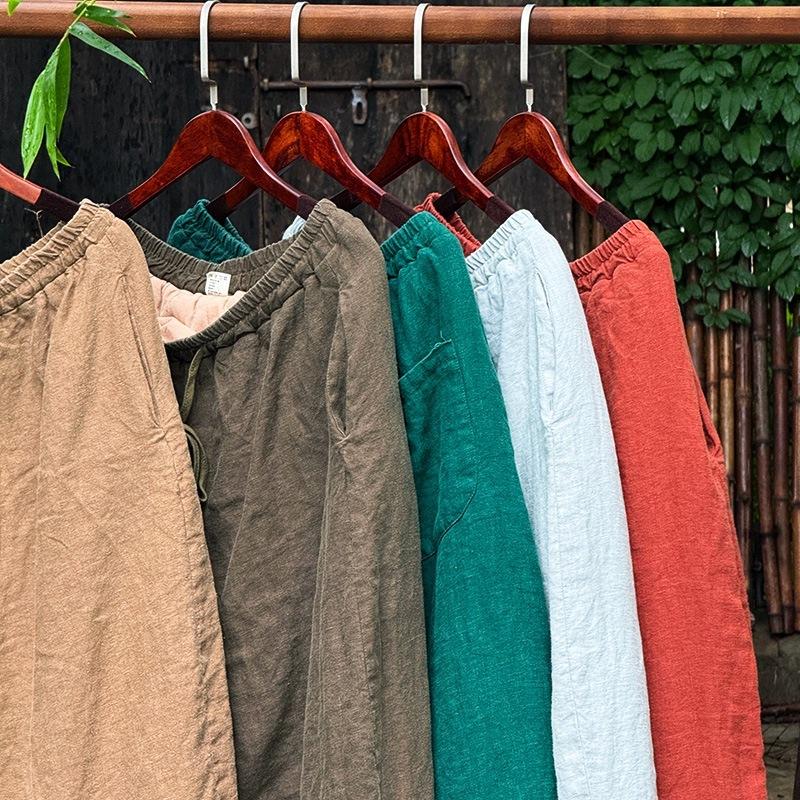 Johnature Women Vintage Wide Leg Pants Elastic Waist Solid Color Trousers Spring Pockets Casual Belt Pants