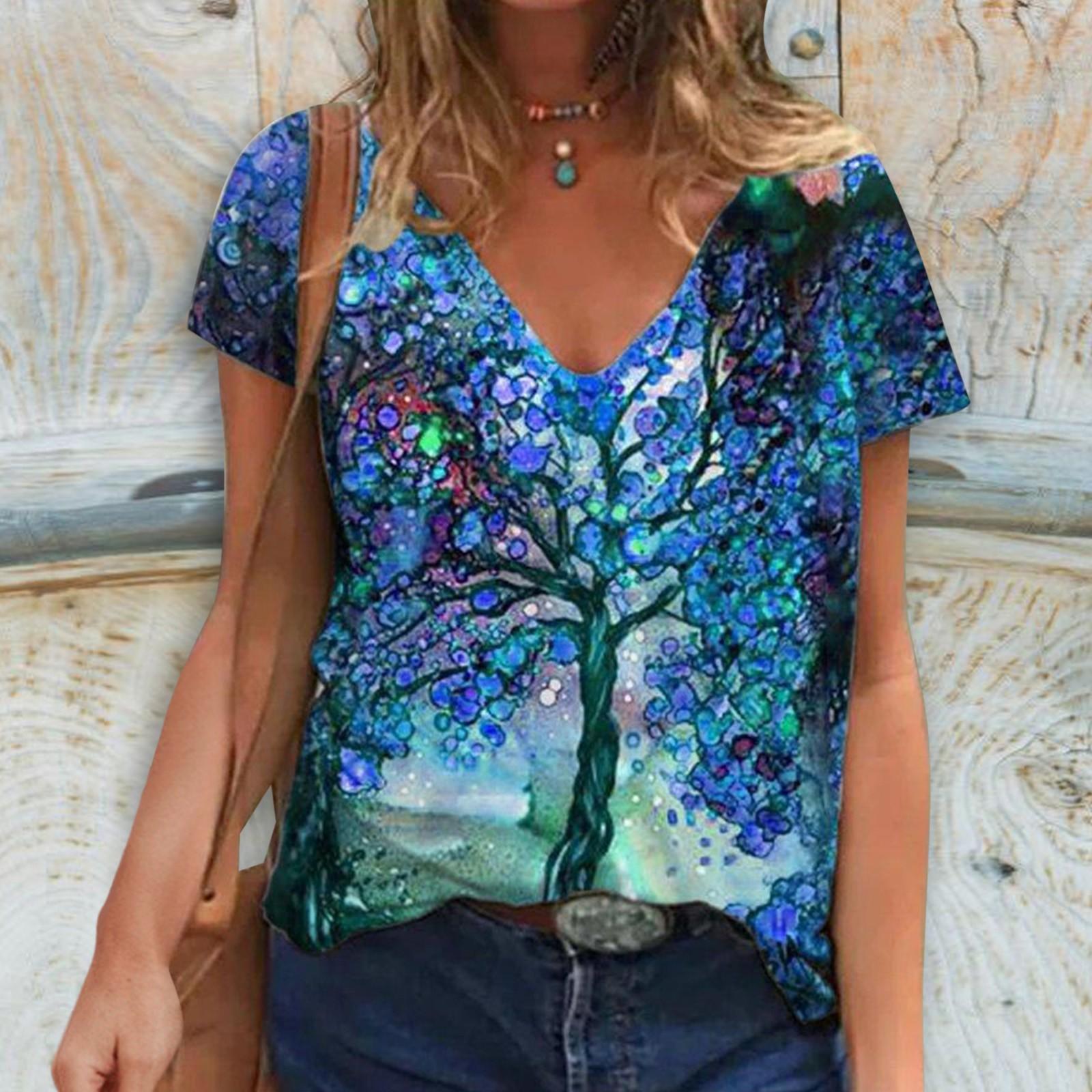 

Women Flower And Tree Print V-Neck Short-Sleeved Top T-Shirt L синий