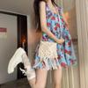 Retro fungus edge floral dress suspender dress women's summer loose and thin seaside vacation wind sweet short skirt