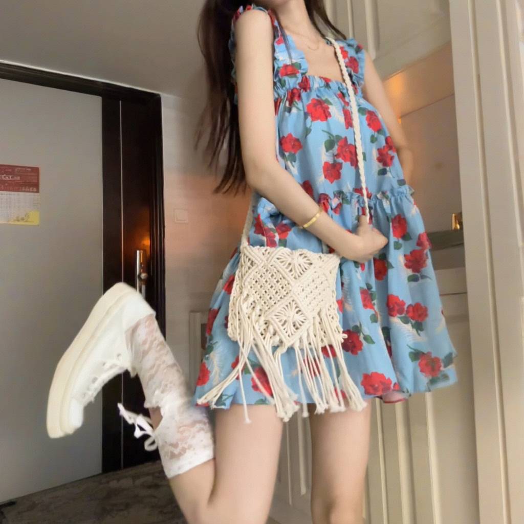 Retro fungus edge floral dress suspender dress women's summer loose and thin seaside vacation wind sweet short skirt