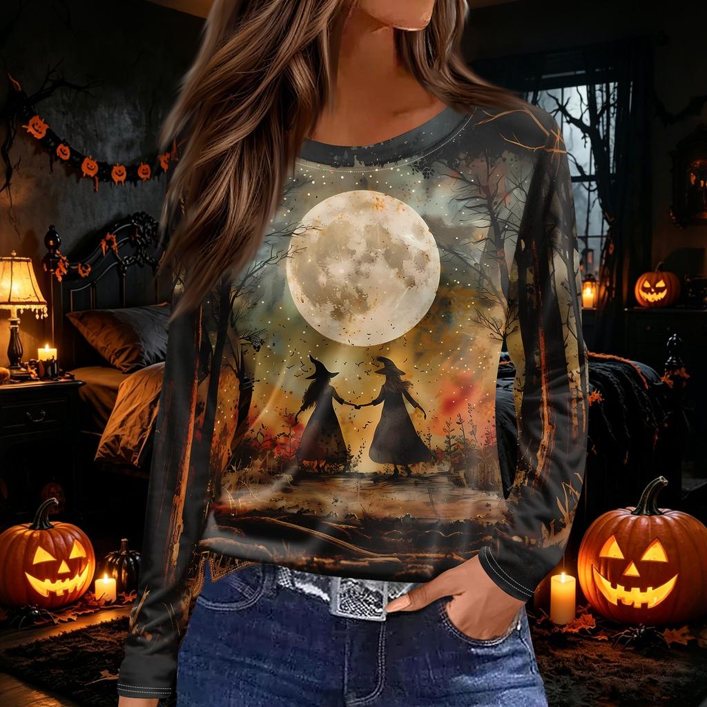 Women's Halloween Print Long Sleeve Top with Side Slit Hem, Round Neck
