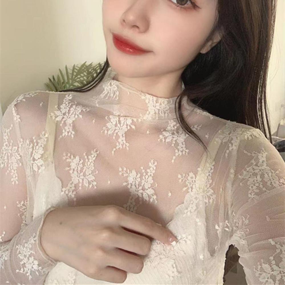 Long Sleeve Lace Bottomed Blouse Hollow Lace Floral  Shirts Elegant See Through Tops  Girls