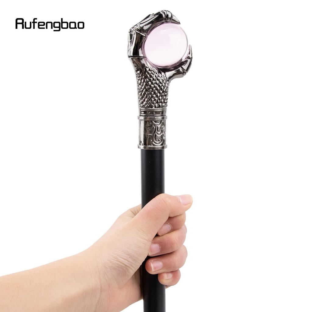 Dragon Claw Grasp Pink Glass Ball Silver Walking Cane Fashion Decorative Walking Stick Cosplay Cane Knob Crosier 93cm