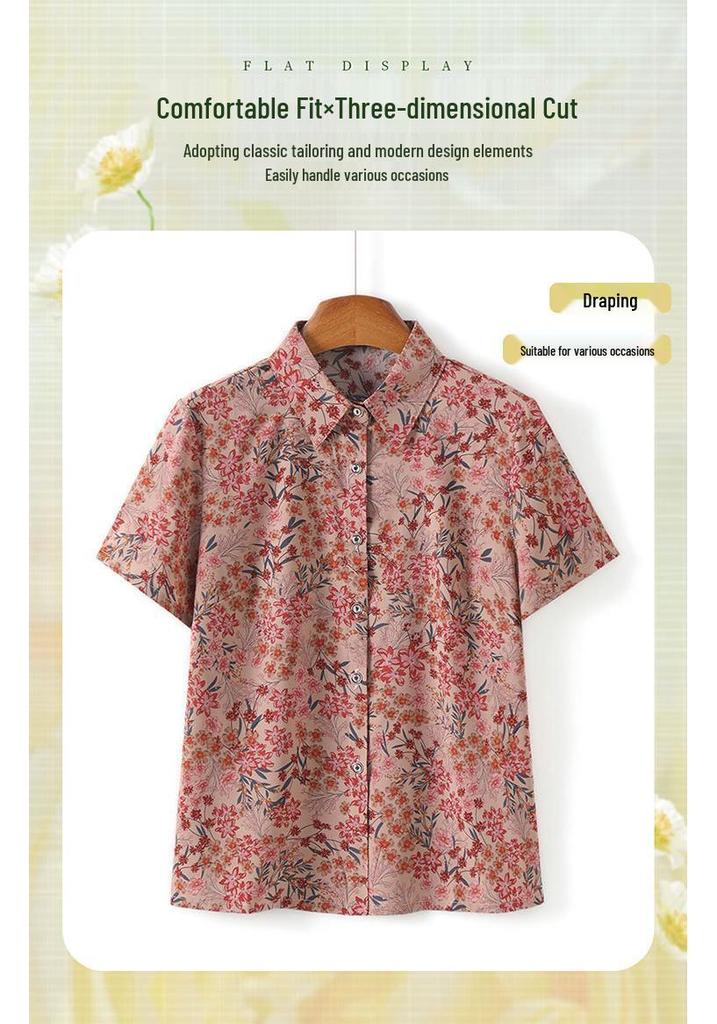 Mom's Mulberry Silk Floral Shirt - Short-Sleeve, Loose Fit for Mid-Aged Women
