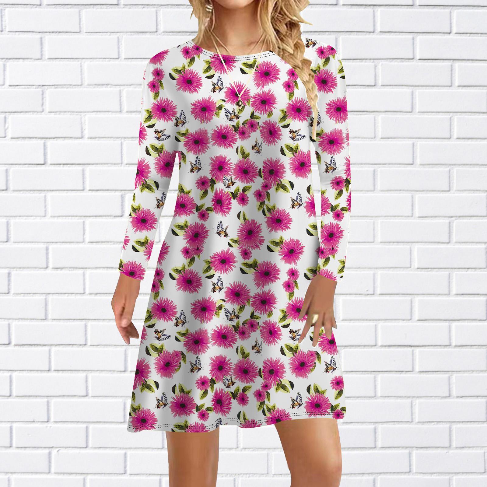 

Женское повседневное платье Осеннее желтое платье с принтом ромашки для женщин Платье с коротким рукавом и круглым вырезом размера плюс M розовый