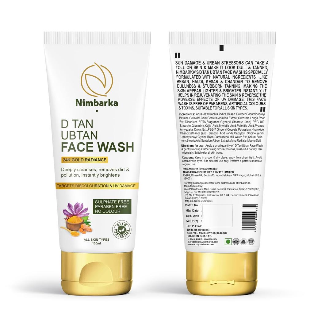 Nimbarka D Tan Ubtan Face Wash 100ml, 24K Gold Radiance, Sulphate & Paraben Free, Deep Cleansing, Removes Tan, Targets Discoloration & UV Damage, N