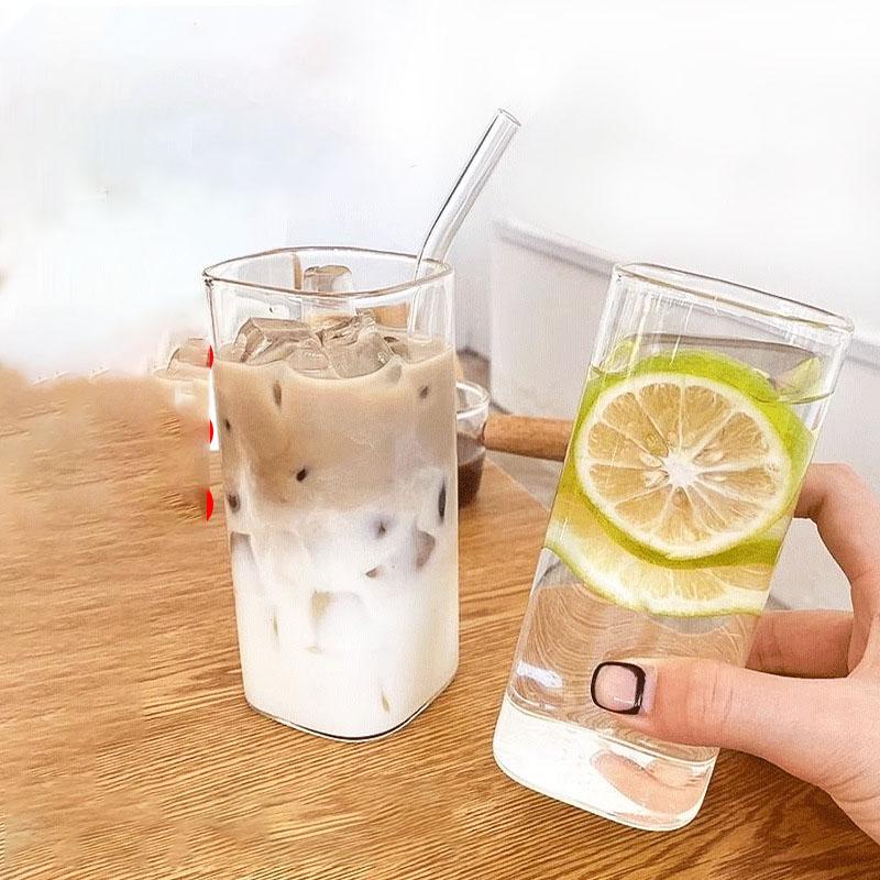 Square Glass Water Cup with Lid - Transparent Minimalist Heated Cup for Home Use, Coffee Cup, Juice Cup, Korean Style