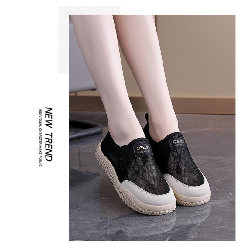 Women Breathable Lace Mesh Slip On Casual Flat Fisherman White Shoes