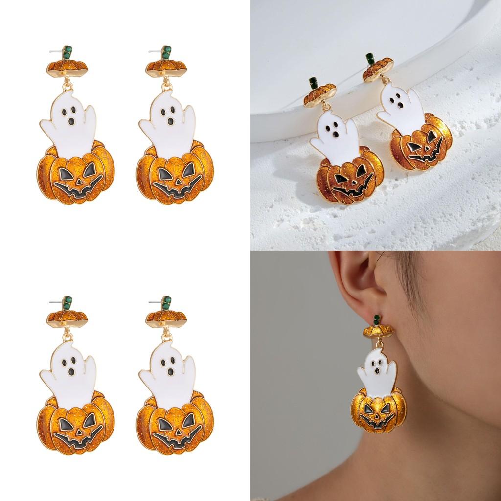 Unique Vintage Style Halloween Pumpkin Ghost Earrings With Sparkling Rhinestones For Women