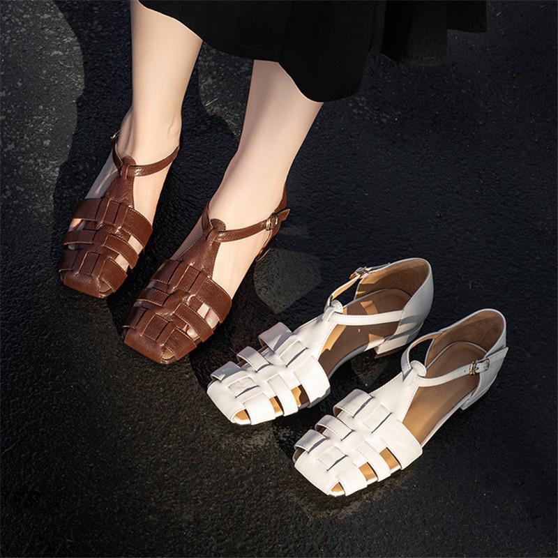 Fashion New Summer Sandals Genuine Leather Square Toe Sandals for Women Fashion Cover Toe Low Heels Sandals Ladies Shoes Gladiator Shoes