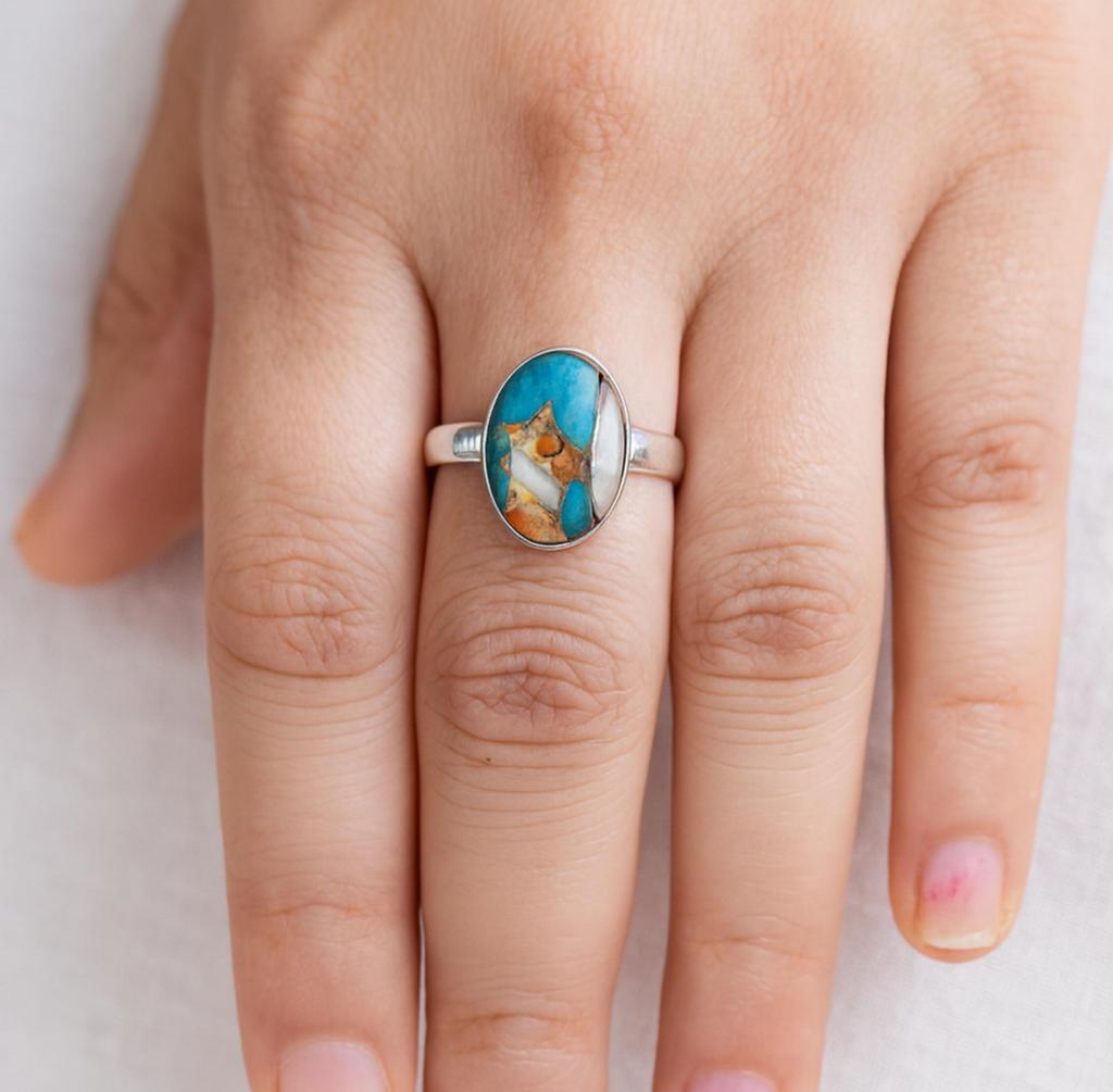 Oyster Turquoise Ring, 925 Sterling Silver, Handmade Oval Gemstone Ring, Minimalist Jewelry