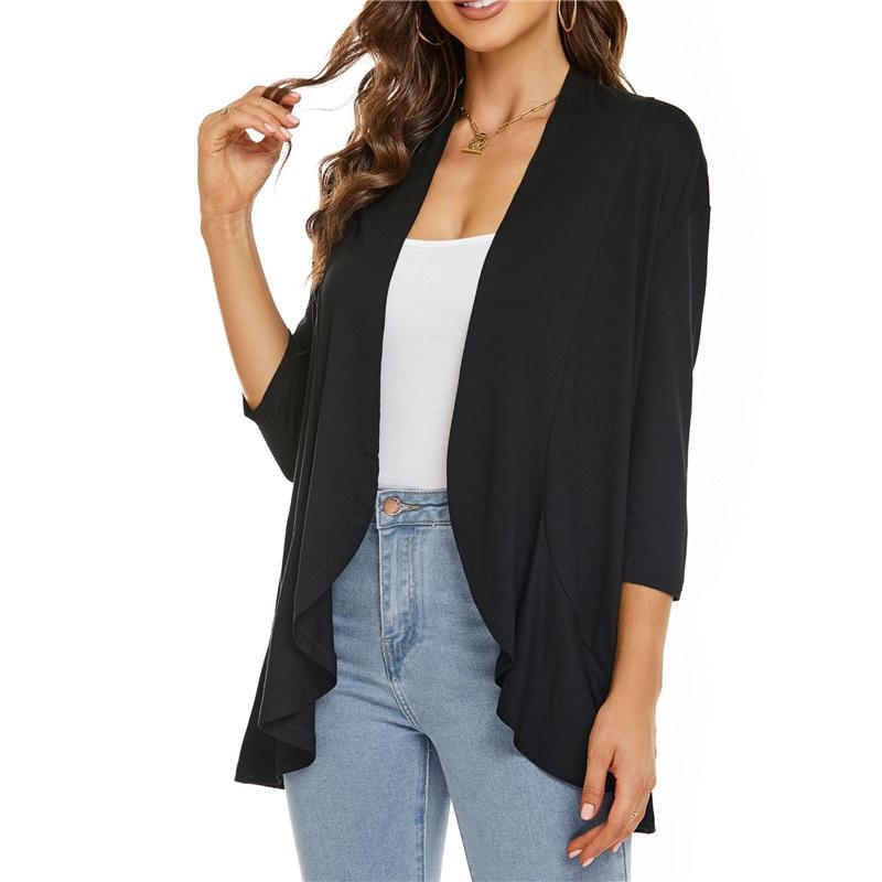 Europäische und Amerikanische Sommer Damen Oberteile, Neue einfarbige Strickjacken, Dreiviertelärmel, Rüschen, Lässiger Minimalistischer Stil