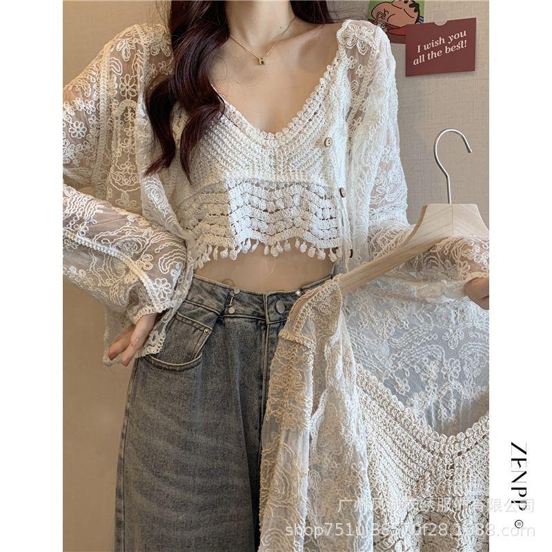 Be careful with the machine versatile vacation women's summer new suspender hollow crochet embroidery short vest women