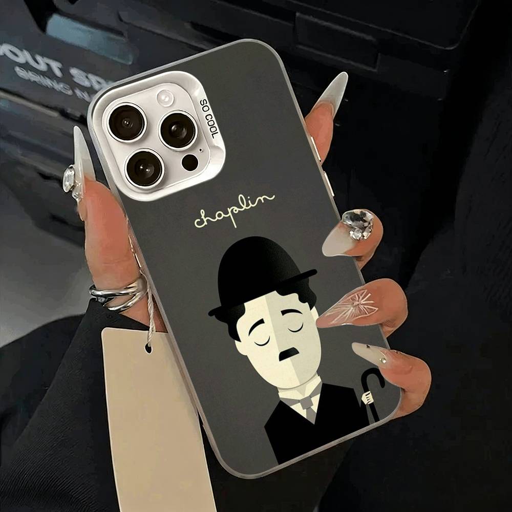 C-Charlie Chaplin Phone Case For iPhone 11 12 13 14 15 16Pro Max Plus white Sliver  Phone Cover