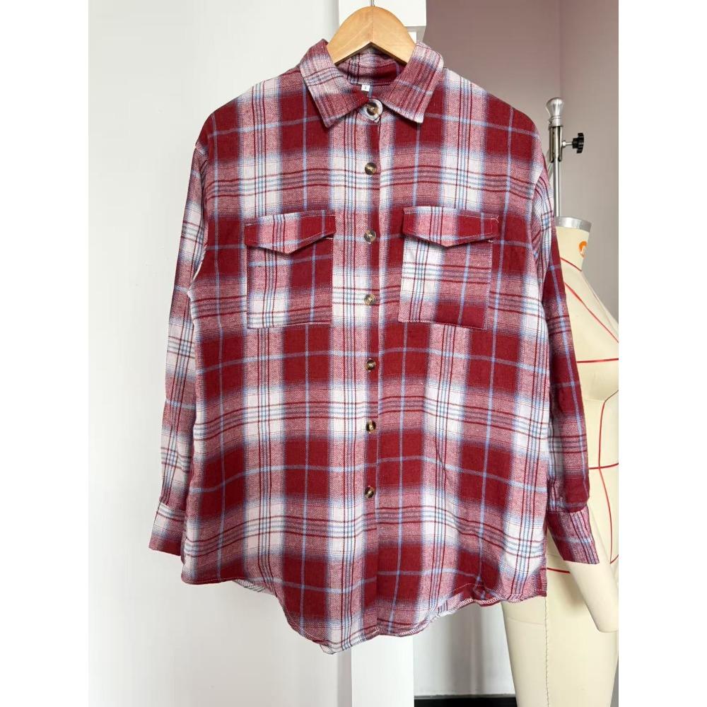 Autumn and Winter Casual and Fashionable Loose Checkered Pocket Shirts