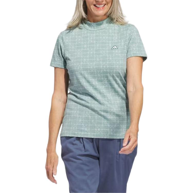 Adidas Logo Embroidered Plaid Half High Neck Short Sleeve Drop Shoulder T-Shirt Women T-Shirt Green IV6987