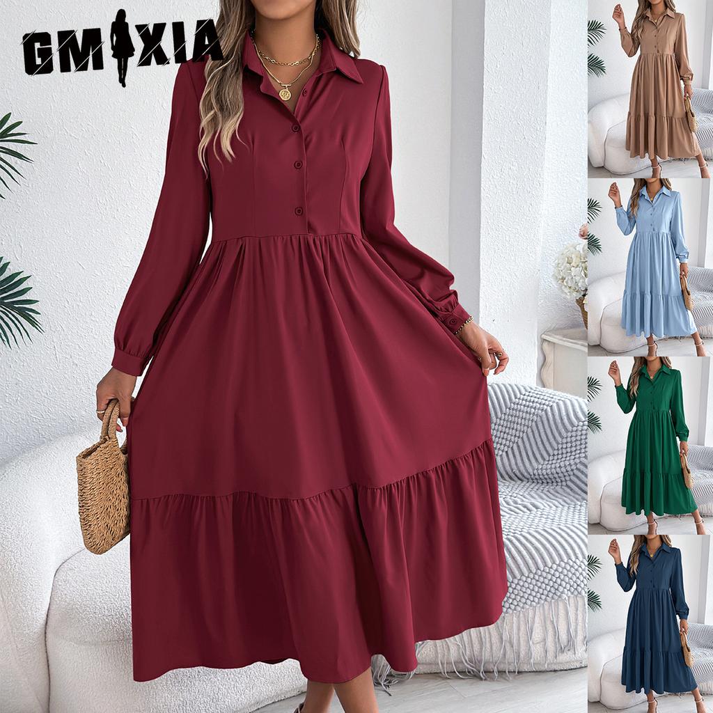 GMXIA Autumn and Winter Lapel Casual Loose Long-sleeved Ruffled Shirt Dress for Women