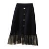 Elegant Black Single Row Button Elastic High Waist A Line Knitted Half-body Skirt Female Irregular Hem Mesh Splicing Package Hip Skirt