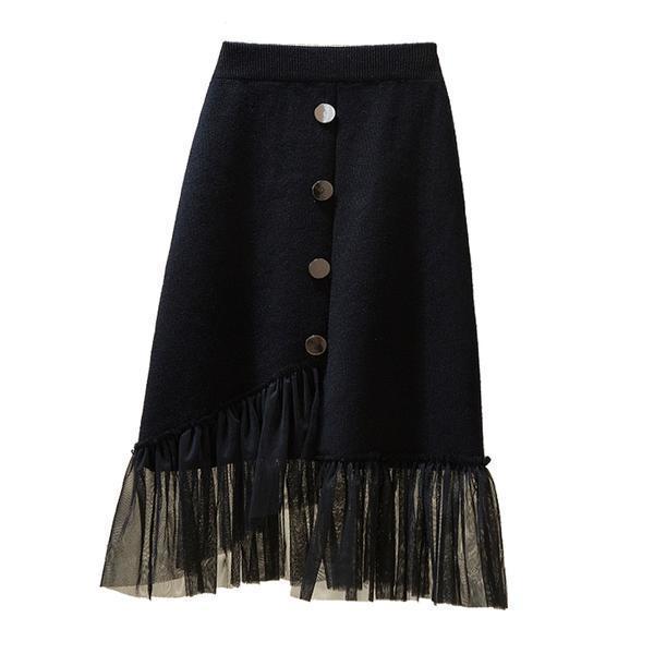 Elegant Black Single Row Button Elastic High Waist A Line Knitted Half-body Skirt Female Irregular Hem Mesh Splicing Package Hip Skirt