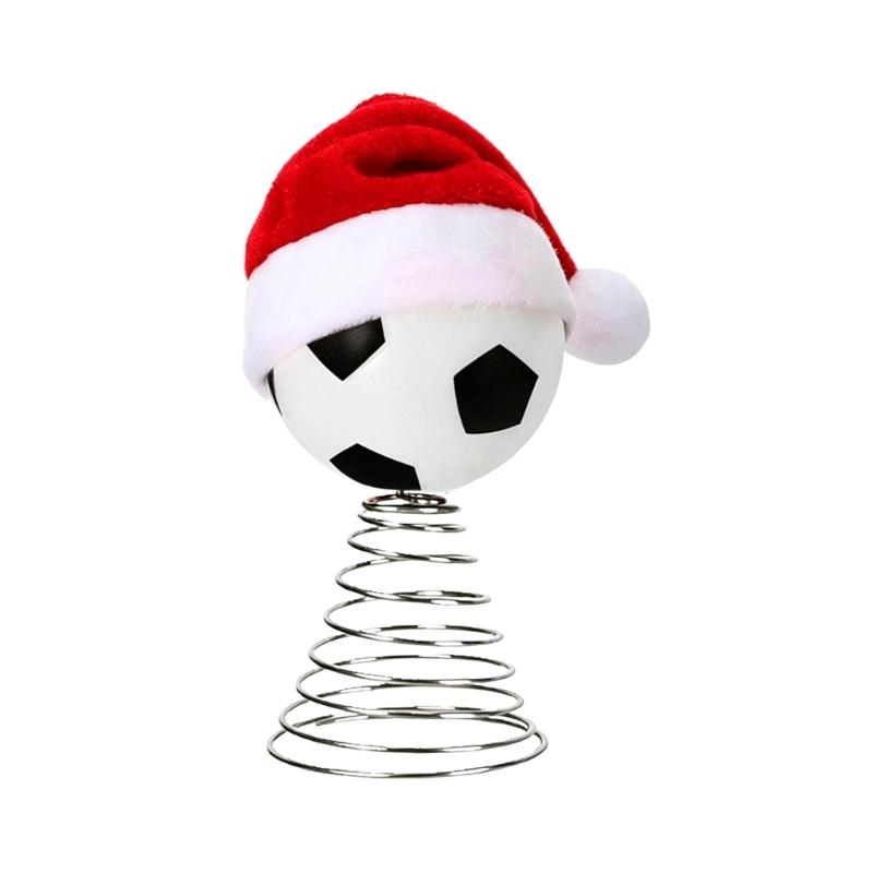 Sports Ball Christmas Tree Top Ornament, Spring Mounted Santa Hat Style for Indoor Holiday Party Tabletop Shelf Display