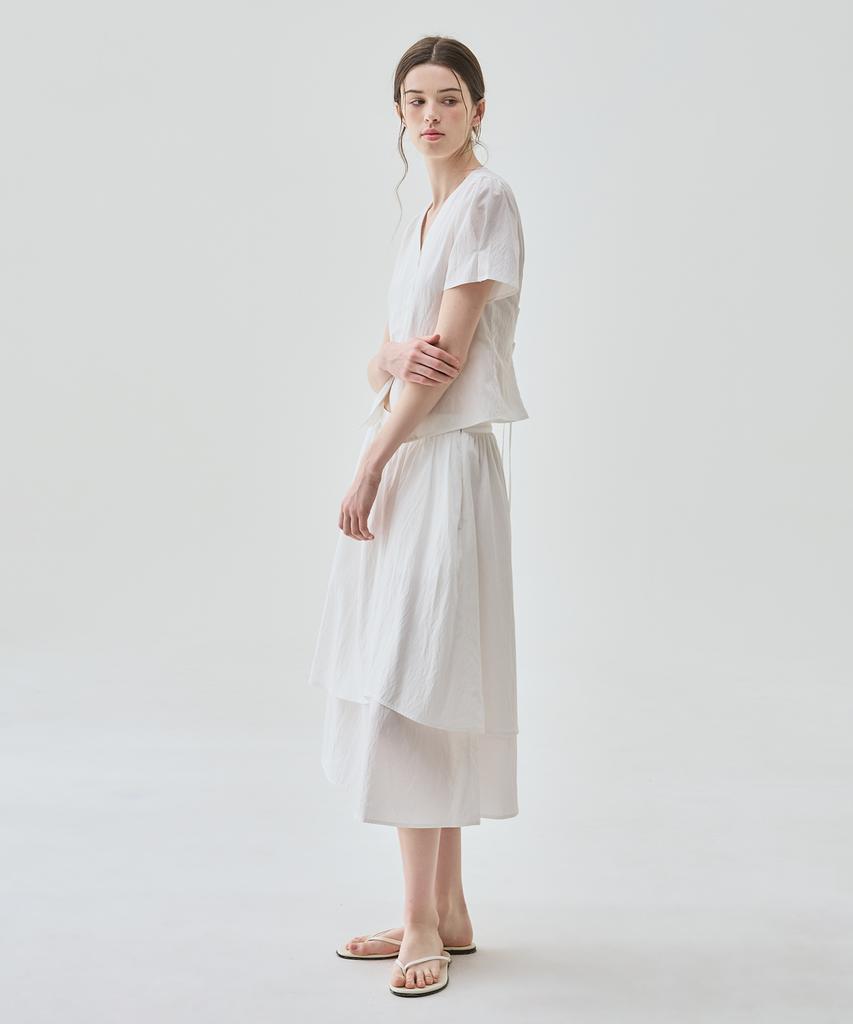 Deuloupisumeon Layered Shirred Long Flare Skirt [Ivory]