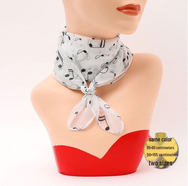 Wczesnowiosenny damski szal szyfonowy: Dynamiczne nuty, 4 kolory, kwadrat 70 cm, jedwabna apaszka na szyję z nadrukiem