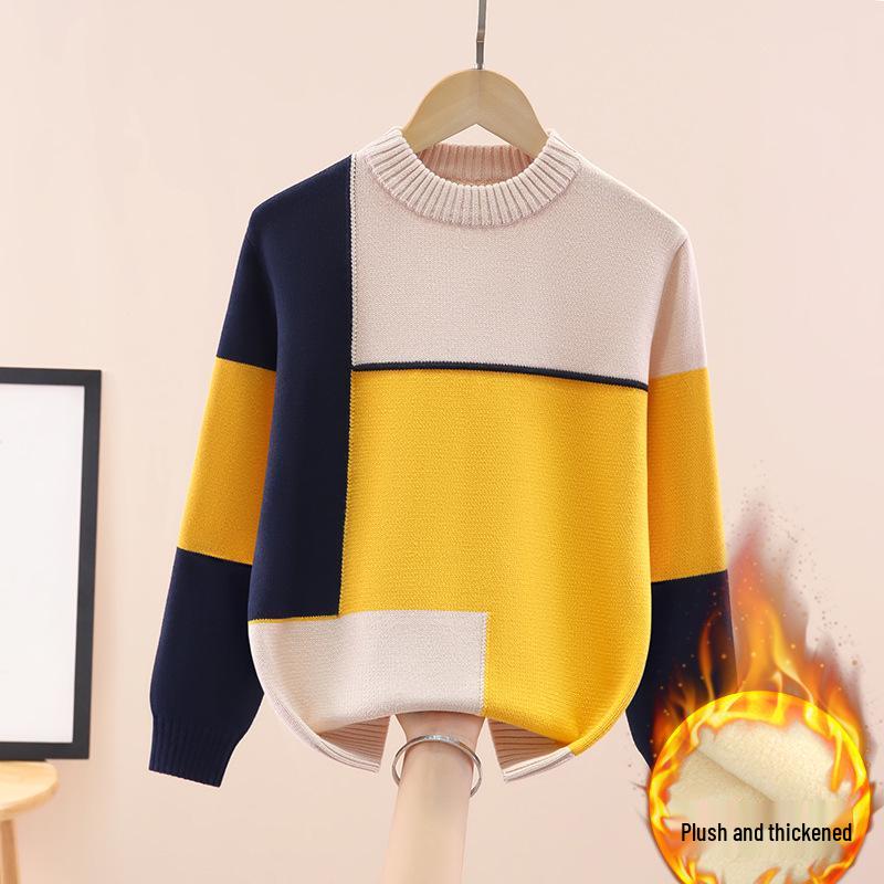 Chłopięcy bawełniany sweter z okrągłym dekoltem w blokach kolorystycznych - z podszewką polarową, gruby dzianinowy na jesień/zimę.