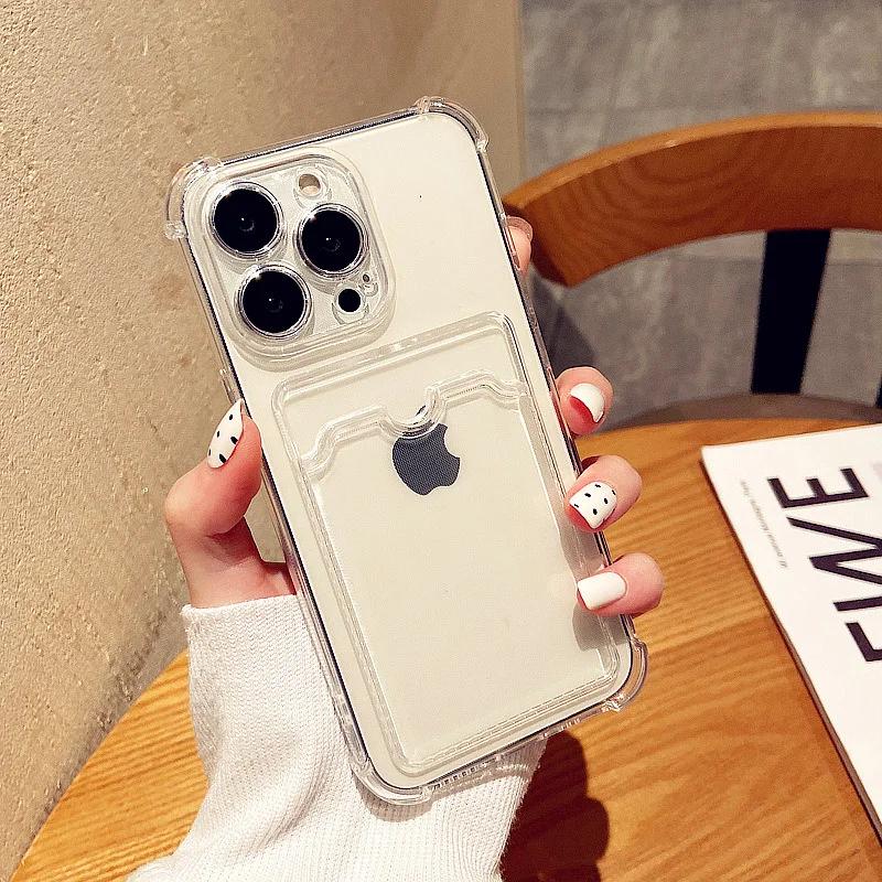 

Прозрачный чехол-держатель для сумки с отделением для карт для iPhone 15 14 13 12 11 Pro Max Mini X XR XS 7 8 Plus, прозрачный противоударный мягкий чехол-кошелек For iphone13Mini