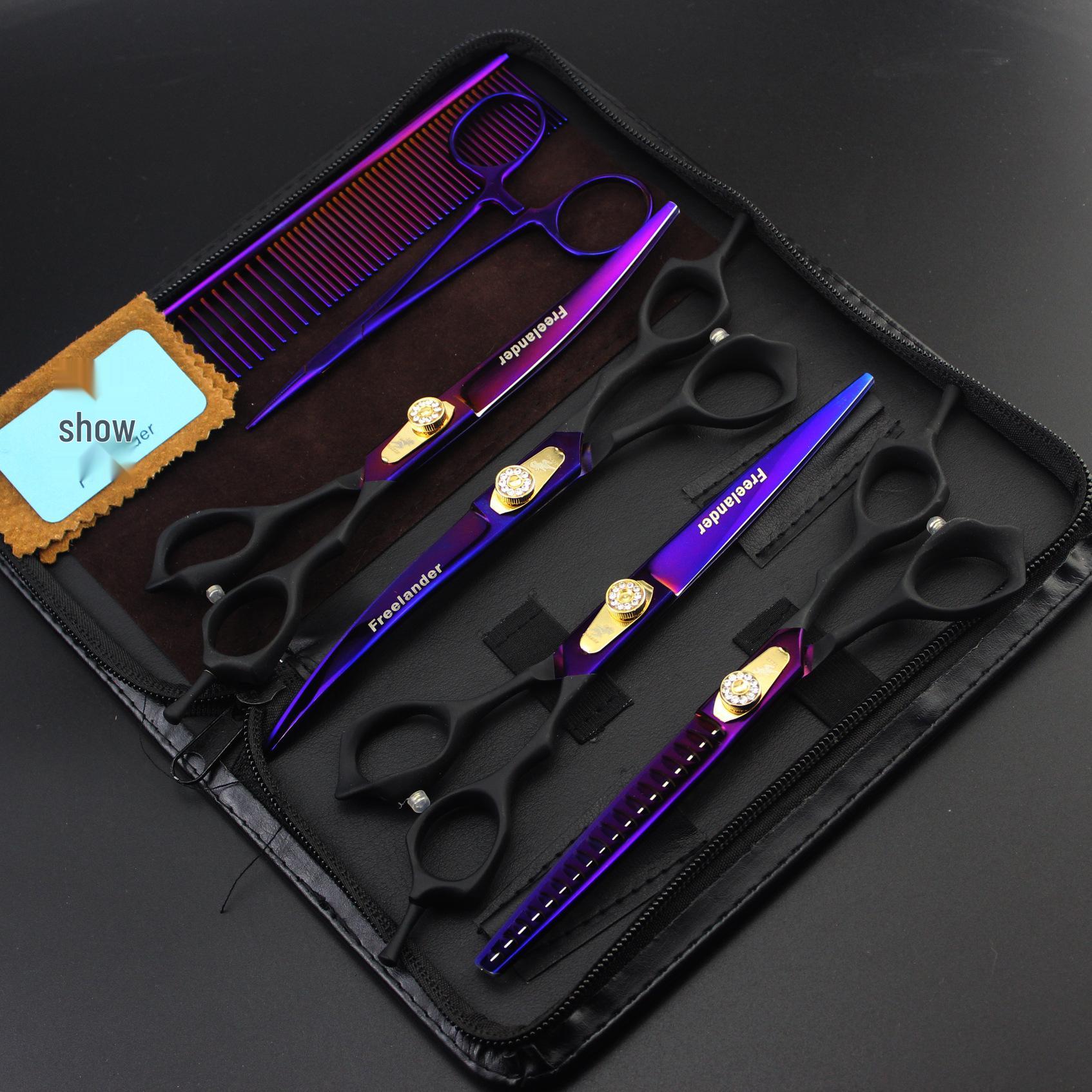 7-Inch Purple & Black Pet Grooming Scissors Set: 4-Piece Straight, Curved, Thinning Scissors with Grooming Comb 7.0 inch Purple Handle 4-piece Set (Dense Teeth)