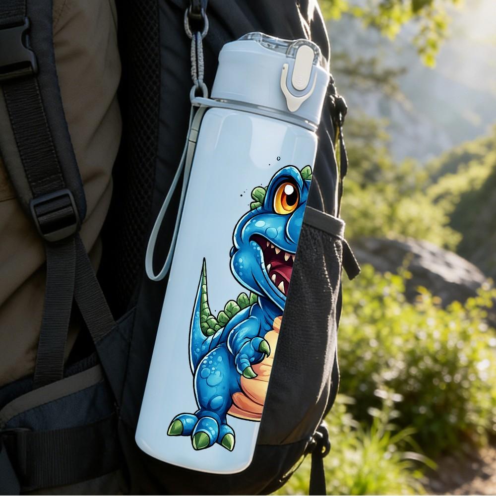 1PC Blue T Rex Dinosaur Kids Cartoon Print 750ml Color Plastic Sports Water Bottle Leakproof Flip Straw Lid Suitable for Sports Office Home Use