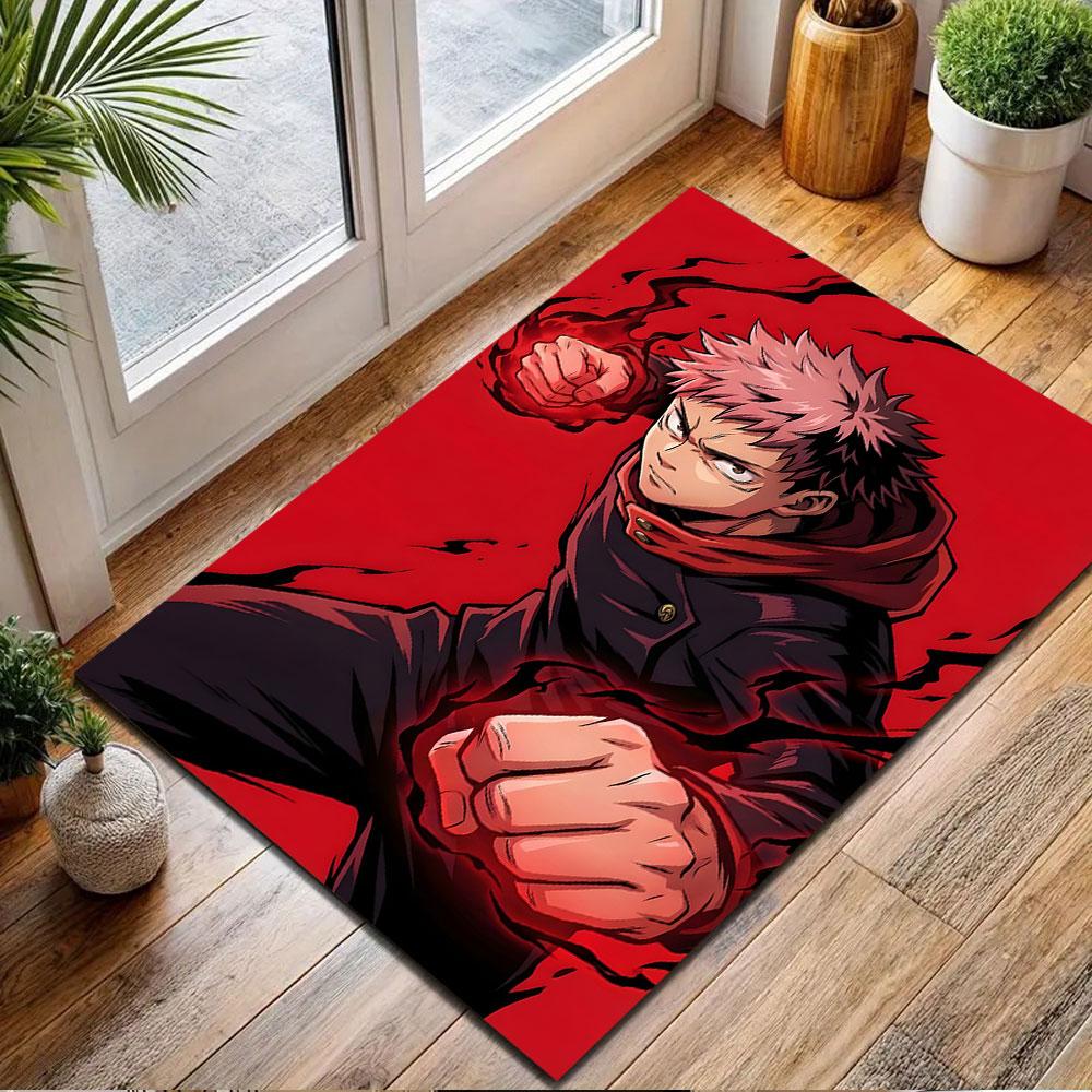 Anime Warrior On Fiery Red Background Patterned Carpet, Non Slip Mat Suitable for Living Room and Bedroom Sofas