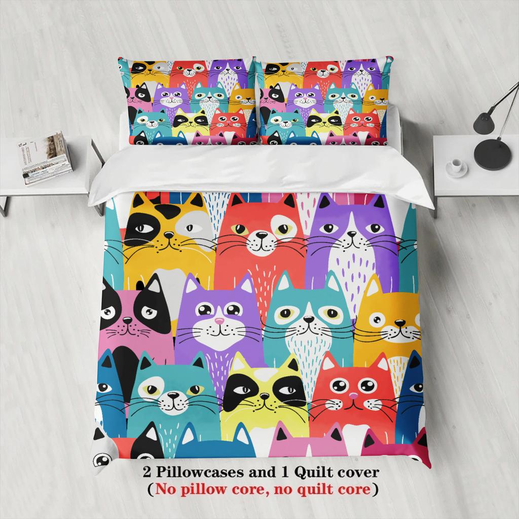 3Pcs Colorful Cats Duvet Cover Cartoon Cat Pattern 3Dprint Gifts For Students Girls 100%Polyester Bedding Sets With 2Pillowcases