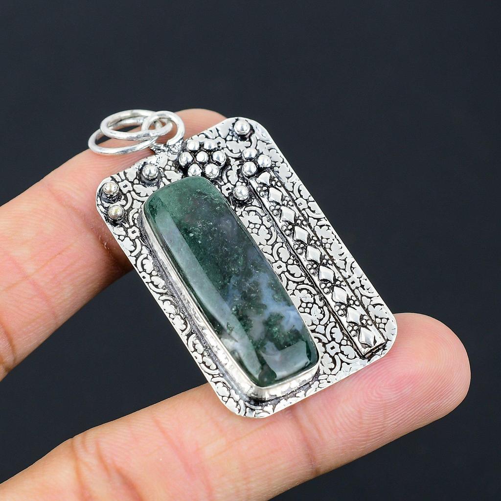 Gift For Her 925 Sterling Silver Natural Solar Moss Agate Gemstone Pendant