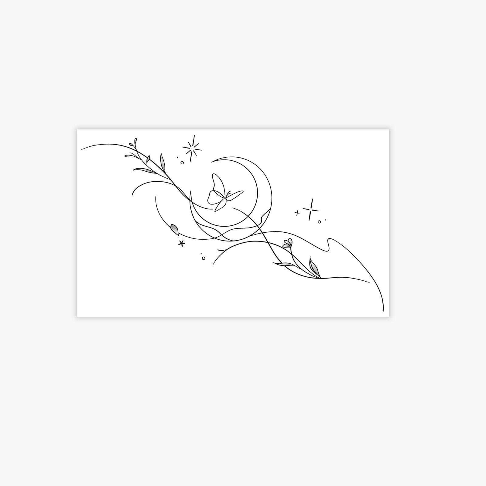 

Line Moon Flower Tattoo Sticker, Waterproof And Long-Lasting, Collarbone Model, Gentle Atmosphere 11*18