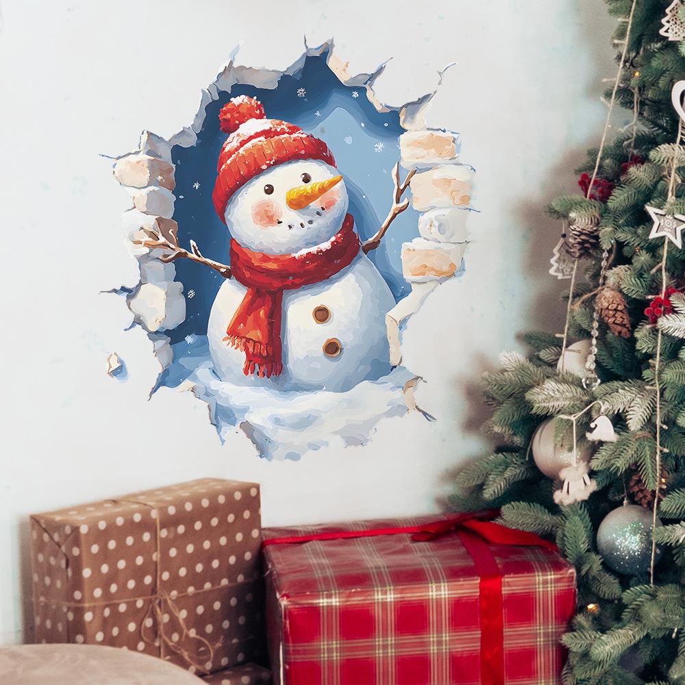 Wholesale of Cartoon Wall-breaking Christmas Snowman Festive Atmosphere Home Wall Beautification Stickers Self-adhesive for Export