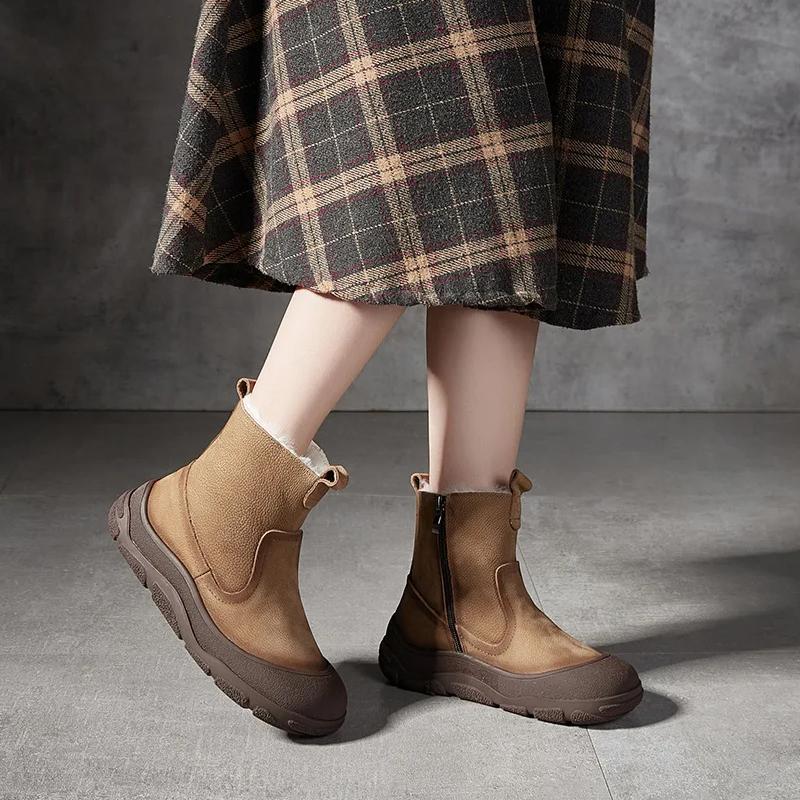 Johnature Genuine Leather Wool Warm Boots Round Toe Thick Soled Side Zipper Retro Women's Short Boots