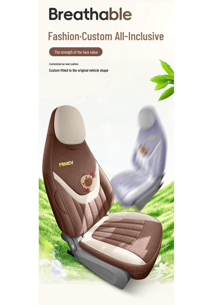 2026 Bingguo PRO Cartoon Linen Full Cover Breathable Seat Cushion for Five-Seater, 330km Premium