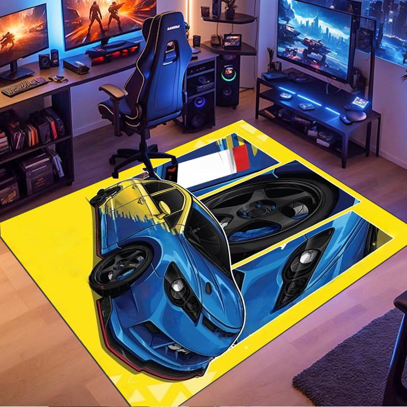 Blue‑Yellow Modified Sport Car Split Comic Panel Print Area Rug Non‑Slip Rectangular Floor Mat Car Fan Decor for Gaming Room Living Bedroom
