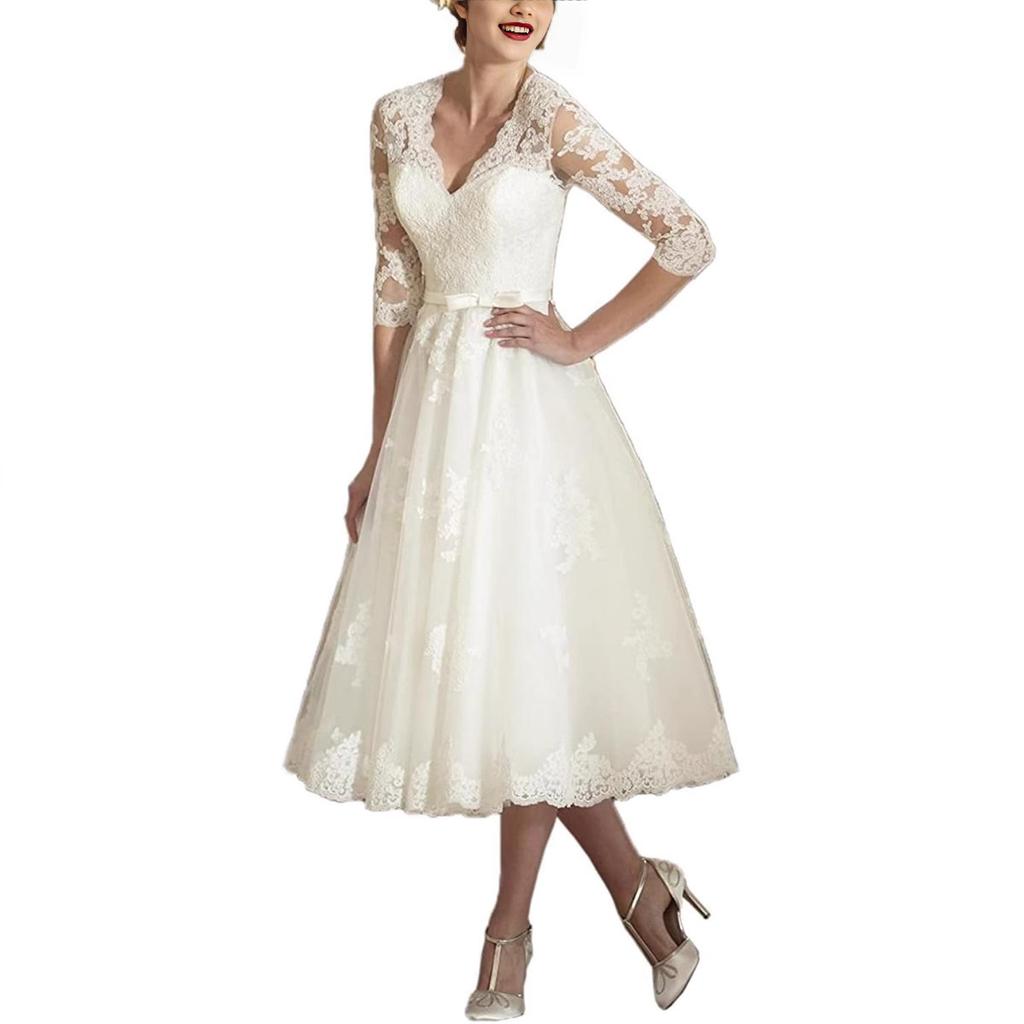 Abito da sposa leggero francese pizzo manica media abito di temperamento medio-lungo sposa registrazione matrimonio vestito bianco piccolo indossabile quotidianamente